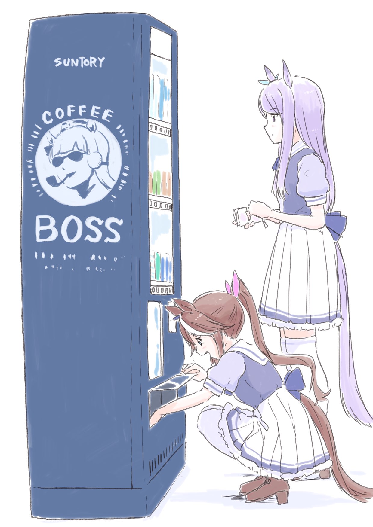 2girls, animal_ears, boss_coffee, brown_footwear, brown_hair, commentary_request, gold_ship_(umamusume), highres