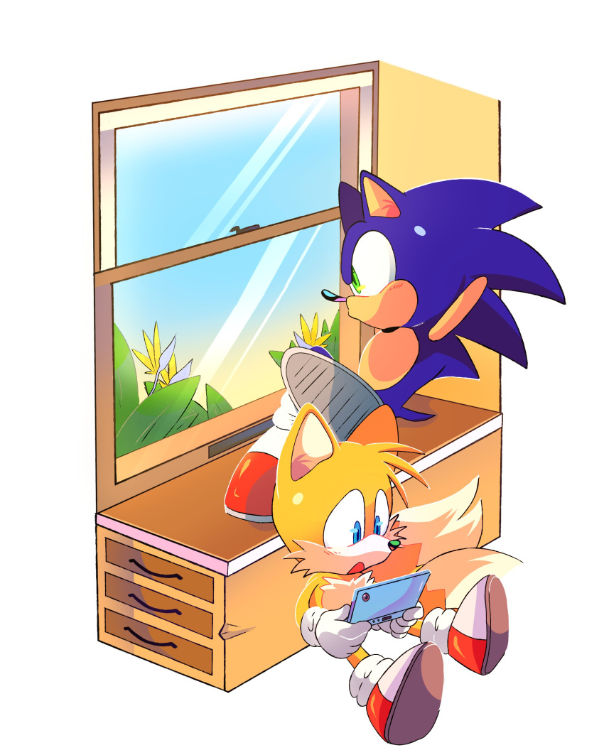 2boys, absurdres, animal_ears, animal_nose, arms_behind_head, arms_up, blue_eyes, blue_fur