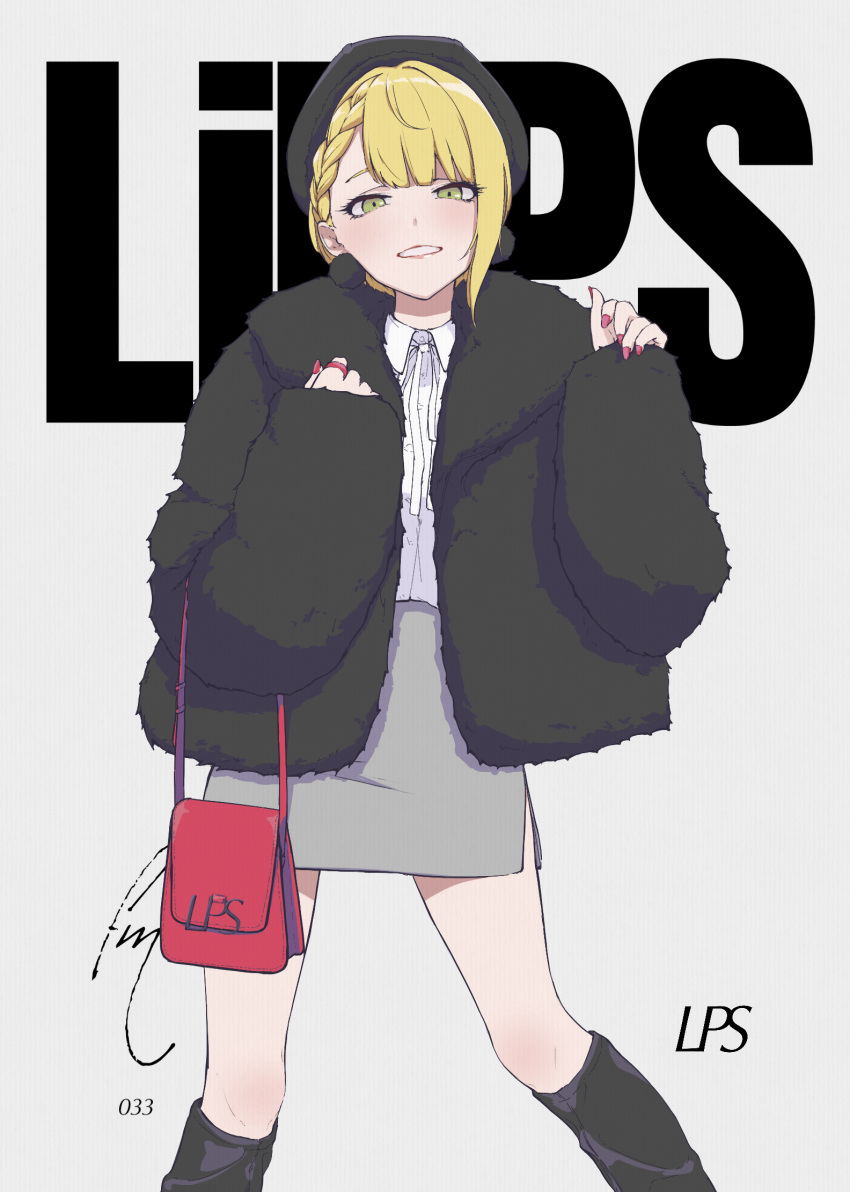 1girl, bag, bangs, beret, boots, braid, coat, fur_coat