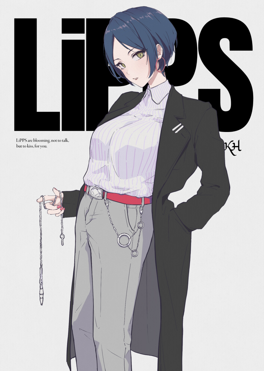 1girl, belt, blue_hair, breasts, coat, earrings, grey_background, hand_in_pocket