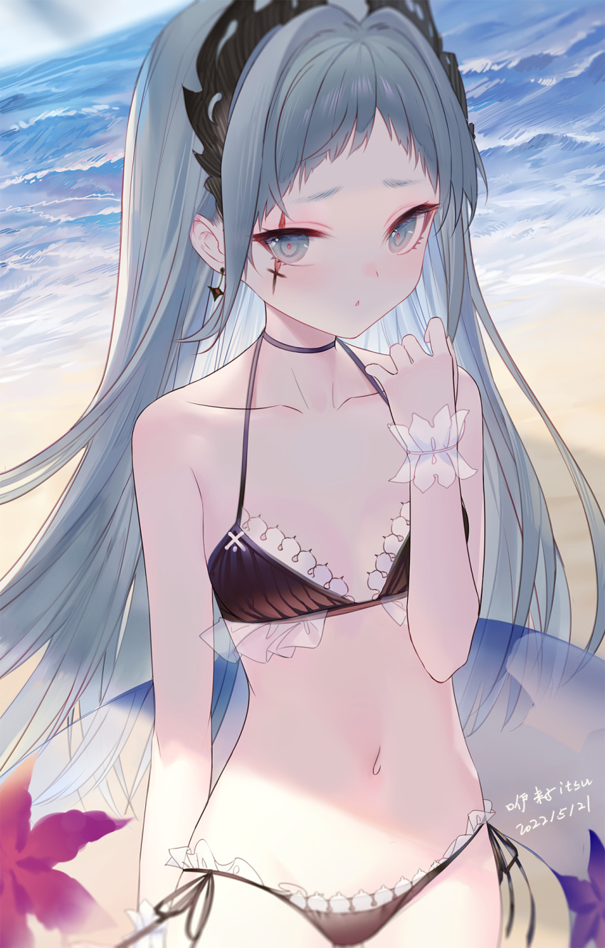 1girl, arknights, bare_arms, bare_shoulders, bikini, black_bikini, black_choker, choker
