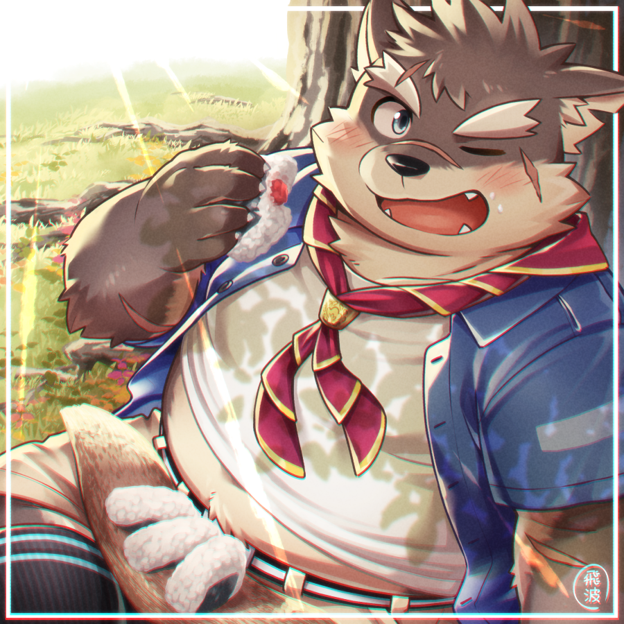 1boy, animal_ears, animal_nose, belly, blue_eyes, blue_shirt, brown_fur, dappled_sunlight