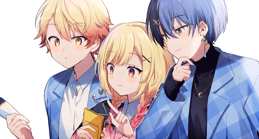 1girl, 2boys, aoyagi_touya, black_sweater, blonde_hair, blue_hair, blue_jacket, braid