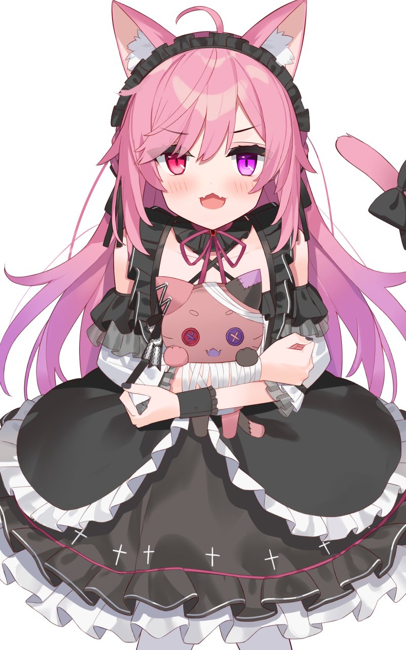 :3, animal_ears, bandaged_arm, bandages, bangs, bare_shoulders, blush, bow, braid, braiding_hair, button_eyes, cable, cat_ears, cat_girl, cat_tail, collar, cowboy_shot, dress, eyebrows_visible_through_hair, fangs, frilled_dress, frilled_skirt, frilled_sleeves, frills, hairdressing, heterochromia, highres, indie_virtual_youtuber, looking_up, mikeneko_(utaite), multicolored_hair, open_mouth, pon-chan_(mikeneko), red_eyes, simple_background, skirt, stuffed_toy, tail, violet_eyes, white_background, wrist_cuffs, yoru_no_yayoi