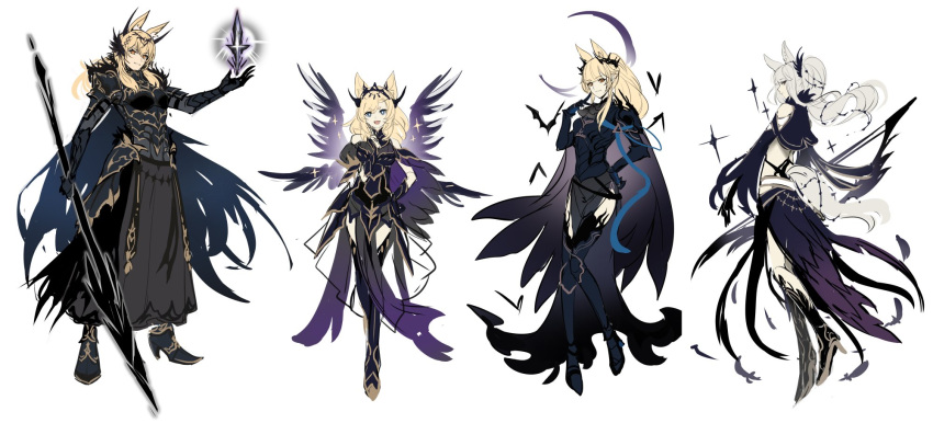 4girls, alternate_costume, animal_ears, arknights, armor, bat, black_armor, black_dress