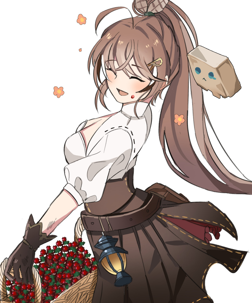 1girl, absurdres, ahoge, bag, basket, belt, berry, brown_corset