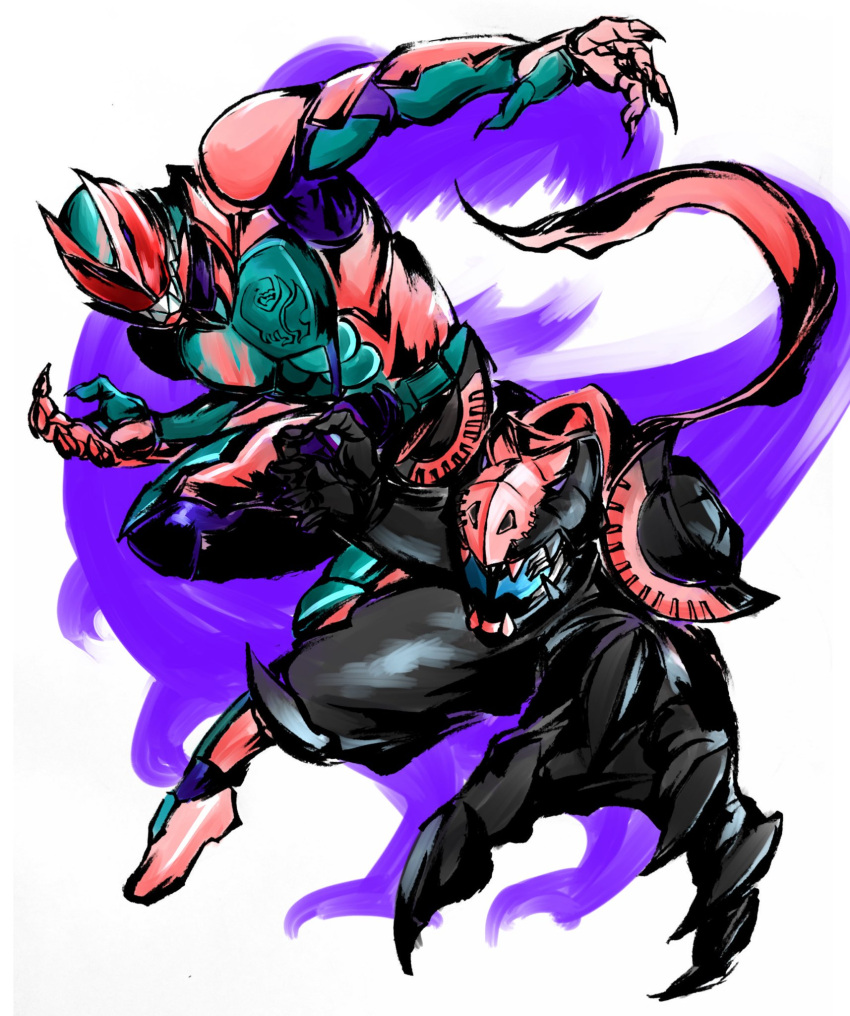 2boys, animal_hood, armor, black_armor, black_nails, blue_eyes, demon_boy, driver_(kamen_rider)