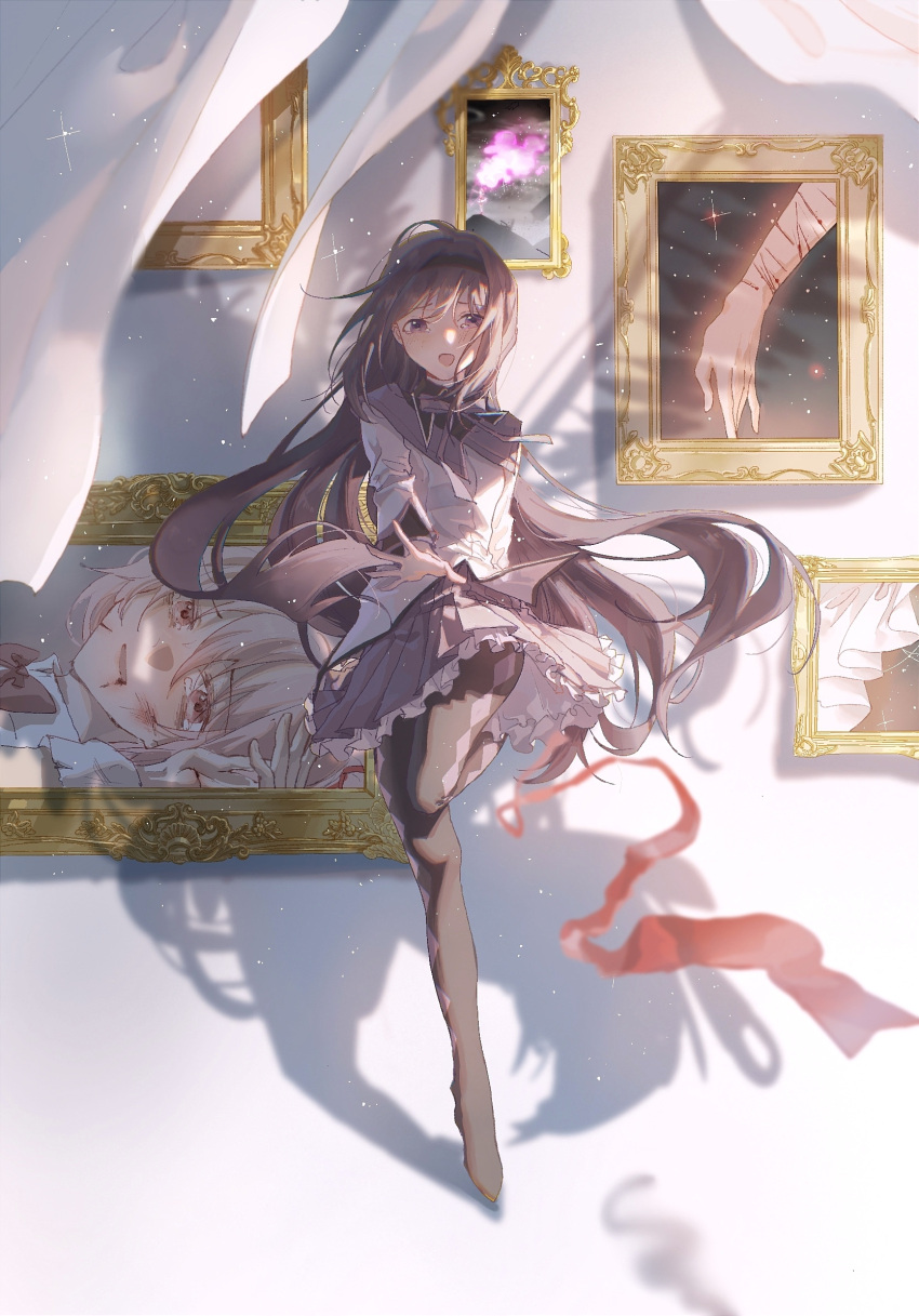 1girl, akemi_homura, black_hair, black_hairband, black_legwear, chinese_commentary, commentary_request, curtains