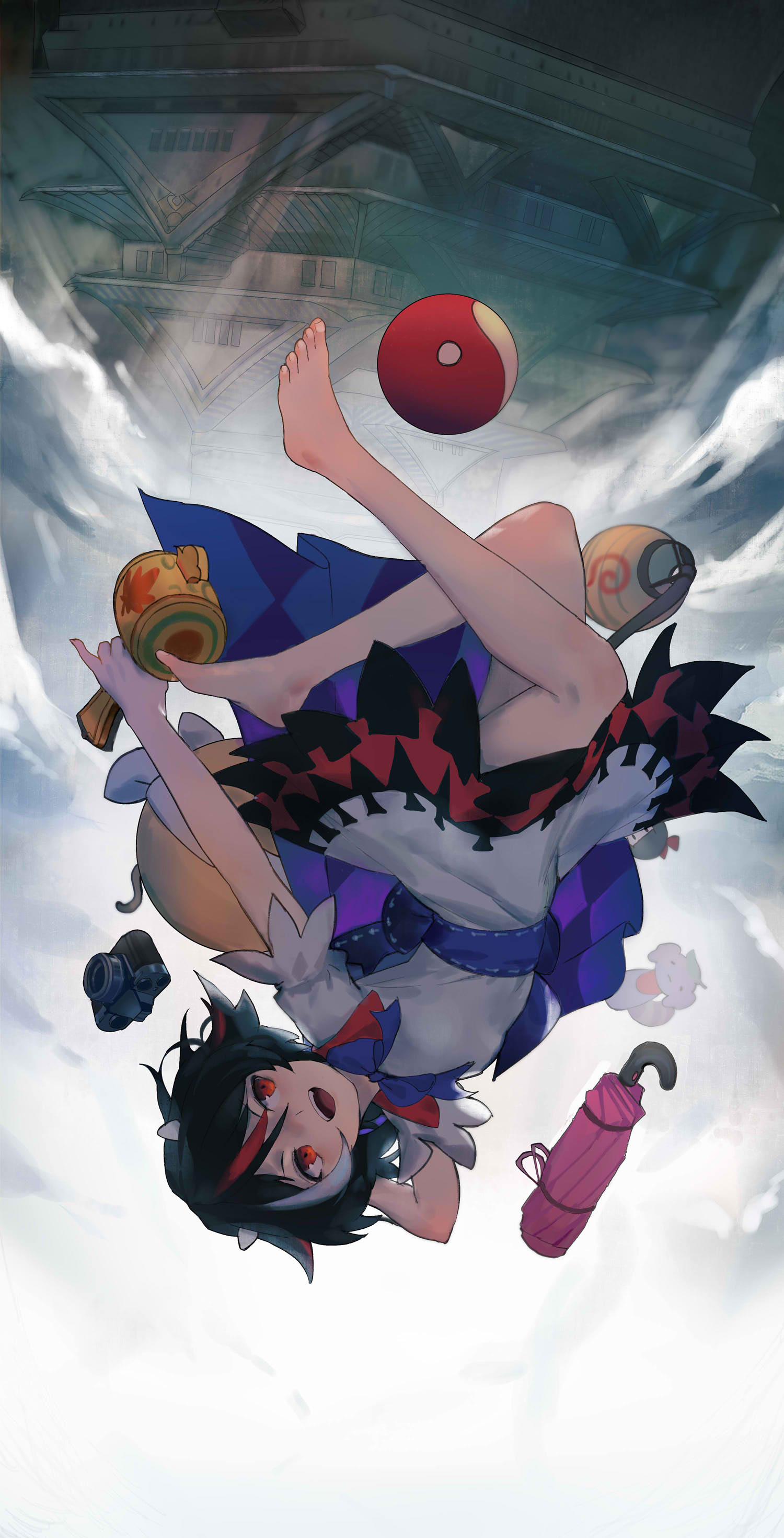 1girl, :d, absurdres, arm_behind_head, bangs, barefoot, black_hair, blue_bow