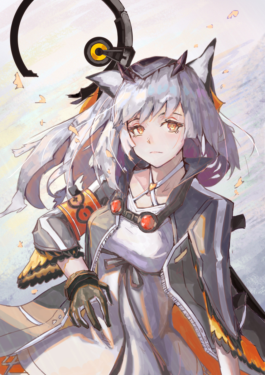 1girl, absurdres, arknights, black_ribbon, bright_pupils, coat, dress, frown