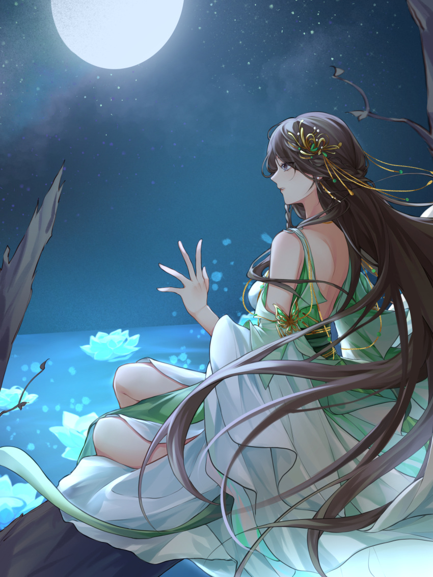 1girl, absurdres, baiguio_(zhu_xian), bare_tree, brown_hair, feiyue_yu, flower, hair_ornament