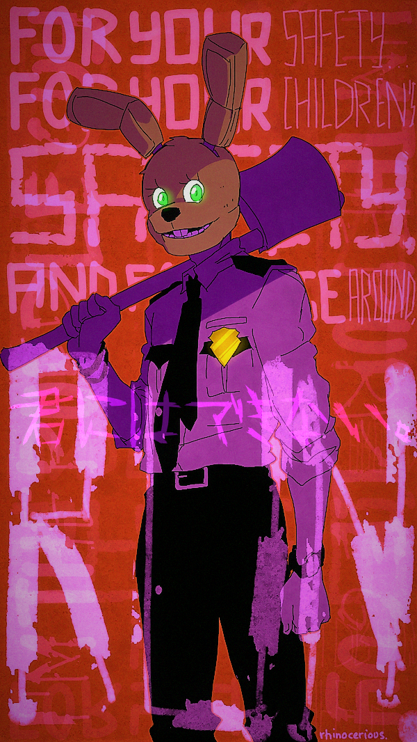 1boy, axe, character_mask, five_nights_at_freddy's, five_nights_at_freddy's_3, glowing, glowing_eyes, green_eyes, holding, holding_axe, mask, mask_on_head, necktie, purple_shirt, rhinocerus_(hetalia_e), security_guard, shirt, solo, springtrap, william_afton