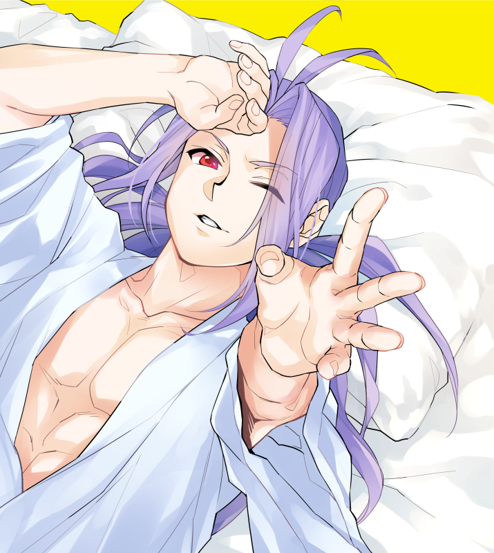 1boy, antenna_hair, blue_hair, collarbone, imuro, long_hair, looking_at_viewer, lying