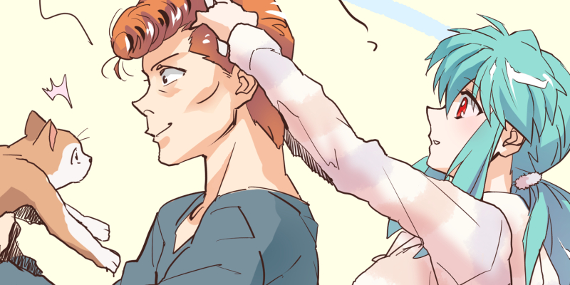 1boy, 1girl, animal, blue_shirt, casual, cat, eikichi_(yu_yu_hakusho), holding