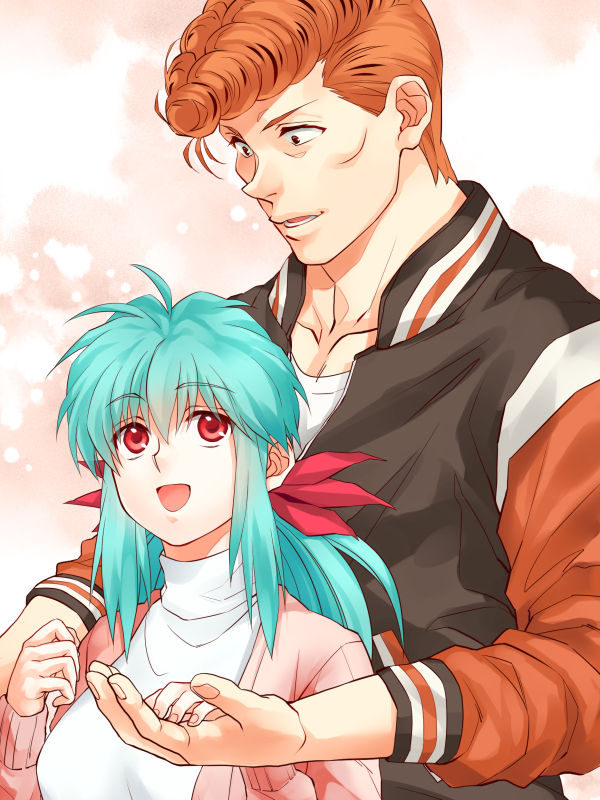 1boy, 1girl, aqua_hair, cardigan, casual, collarbone, couple, eyebrows_visible_through_hair