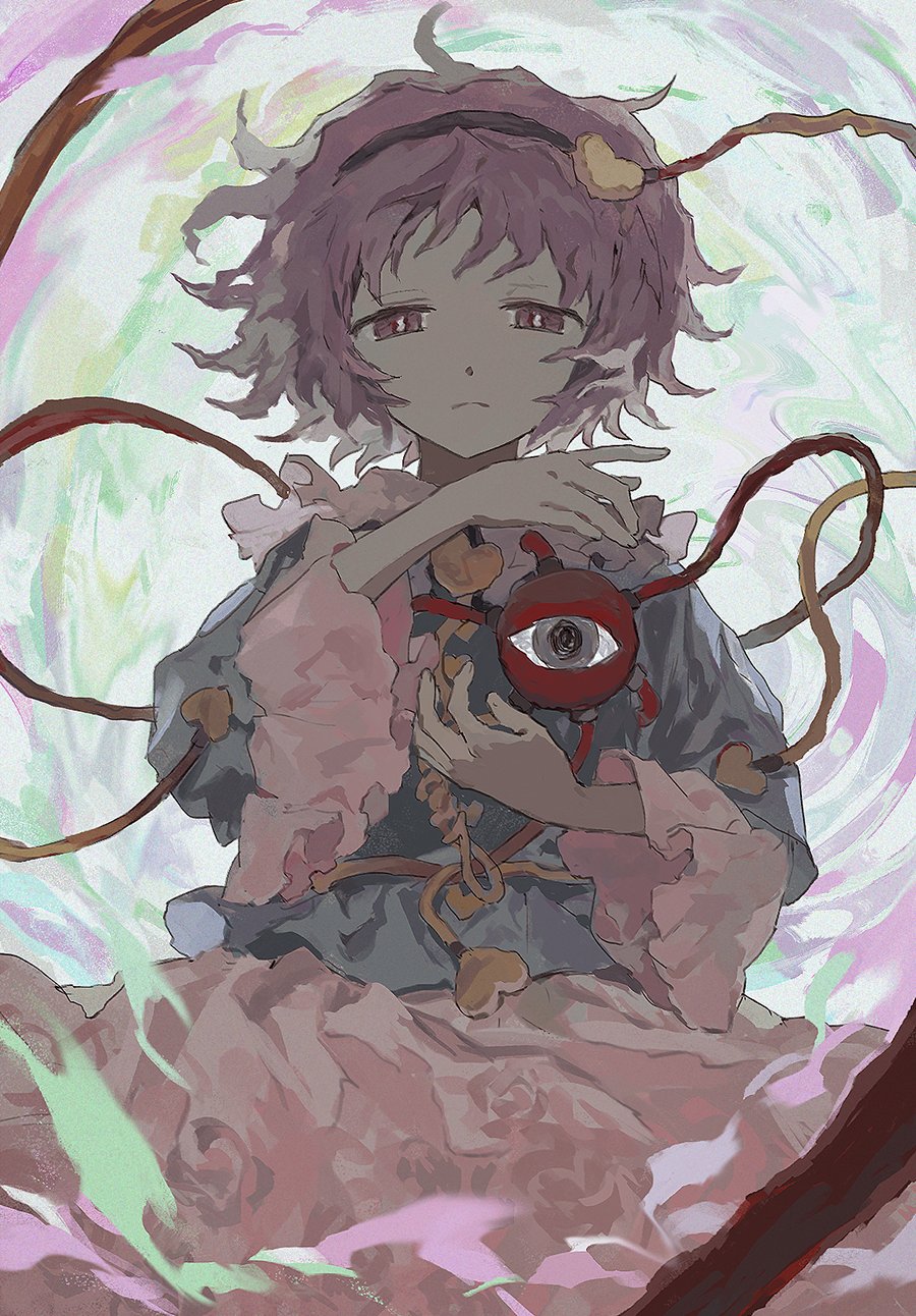 1girl, black_hairband, blouse, blue_shirt, bright_pupils, buttons, closed_mouth, feet_out_of_frame