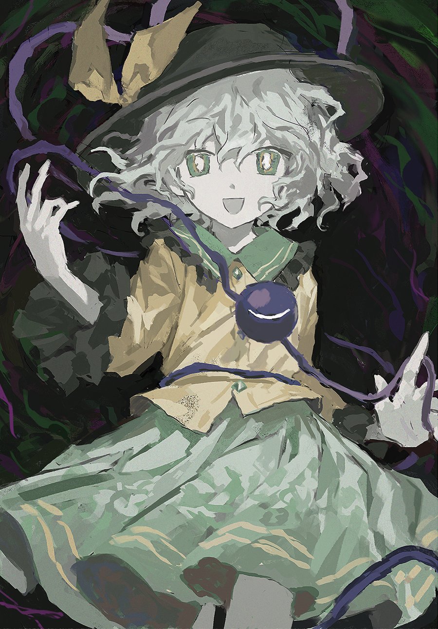 1girl, :d, black_headwear, blouse, bright_pupils, buttons, diamond_button, feet_out_of_frame, frilled_shirt_collar, frilled_sleeves, frills, green_eyes, green_skirt, hand_up, hat, hat_ribbon, highres, komeiji_koishi, light_green_hair, long_sleeves, looking_at_viewer, medium_hair, namot, open_mouth, ribbon, shirt, skirt, smile, solo, third_eye, touhou, white_pupils, wide_sleeves, yellow_ribbon, yellow_shirt