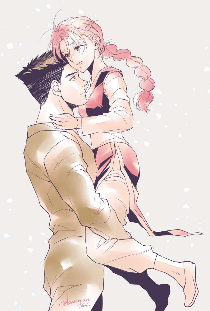 1boy, 1girl, black_hair, braid, carrying, carrying_person, couple, full_body