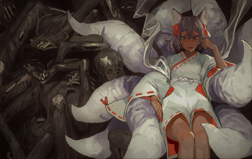 1girl, animal_ears, blue_eyes, closed_mouth, commission, corpse, dark-skinned_female, dark_skin, death, fingernails, fox_ears, fox_tail, grey_hair, hair_ribbon, hand_up, highres, long_fingernails, long_sleeves, looking_at_viewer, medium_hair, mossacannibalis, multiple_tails, nail_polish, original, pile_of_corpses, red_nails, red_ribbon, ribbon, solo, tail