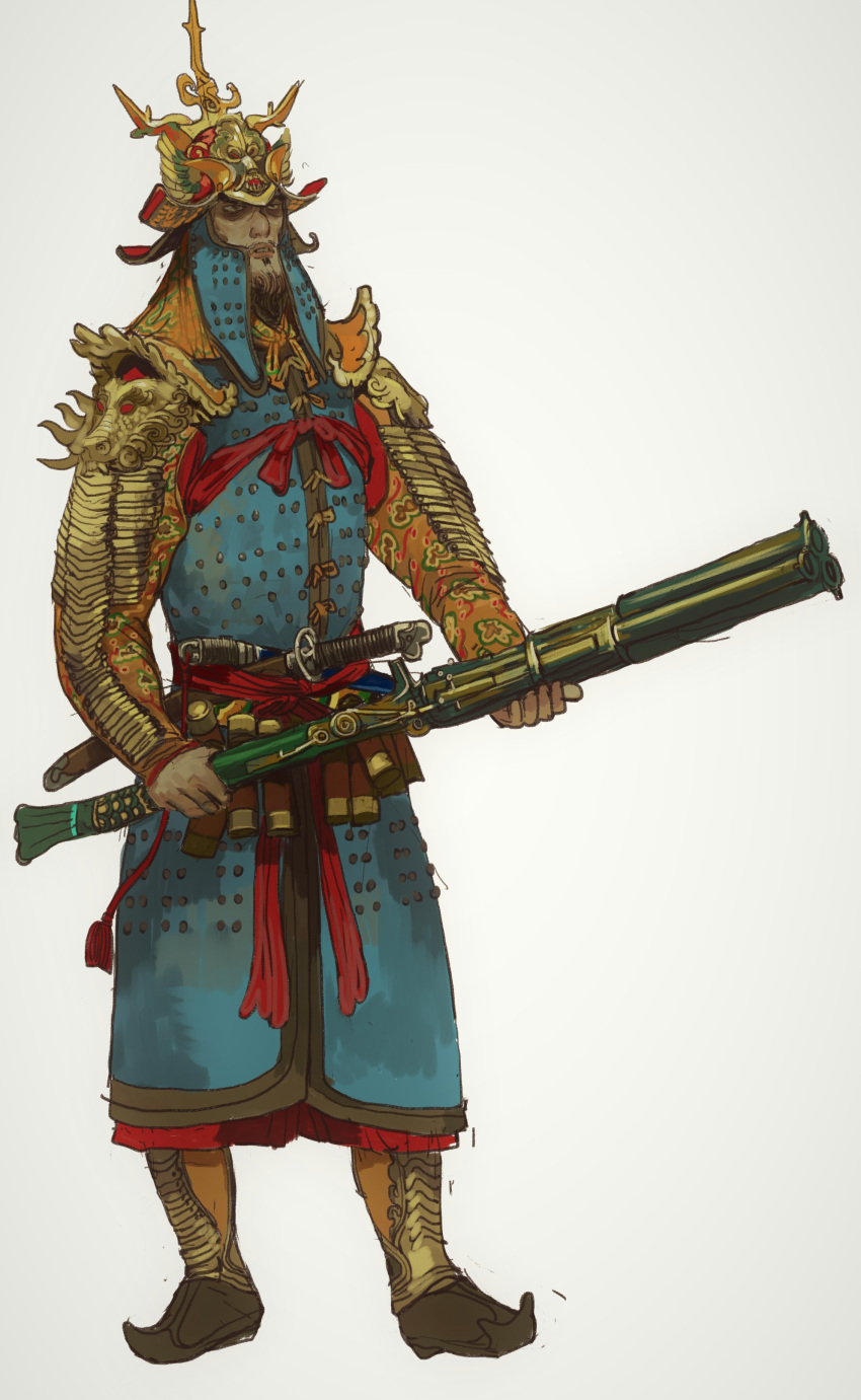 1boy, absurdres, armor, beard, boots, chinese_armor, facial_hair, full_body