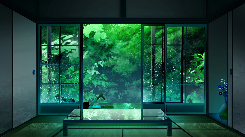 1girl, absurdres, black_legwear, black_skirt, commentary, facing_to_the_side, green_theme, highres