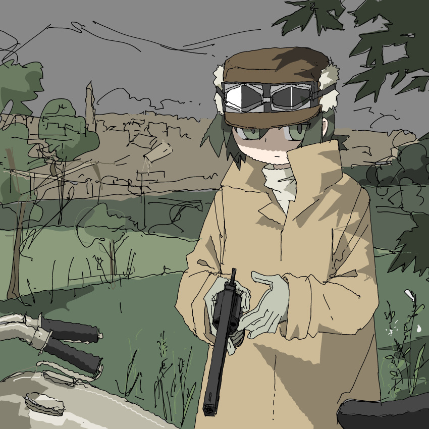absurdres, androgynous, brown_headwear, colt_1851_navy, expressionless, fur_hat, gloves, goggles, goggles_on_headwear, grass, green_eyes, green_hair, grey_sky, gun, hat, hermes_(kino_no_tabi), highres, holding, holding_gun, holding_weapon, kino_(kino_no_tabi), kino_no_tabi, leather, leather_gloves, outdoors, revolver, short_hair, sidelocks, tomboy, tree, trench_coat, tsukumizu_yuu, ushanka, weapon