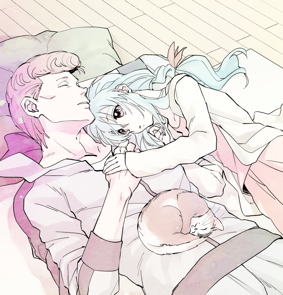 1boy, 1girl, aqua_hair, braid, cat, closed_eyes, couple, cowboy_shot