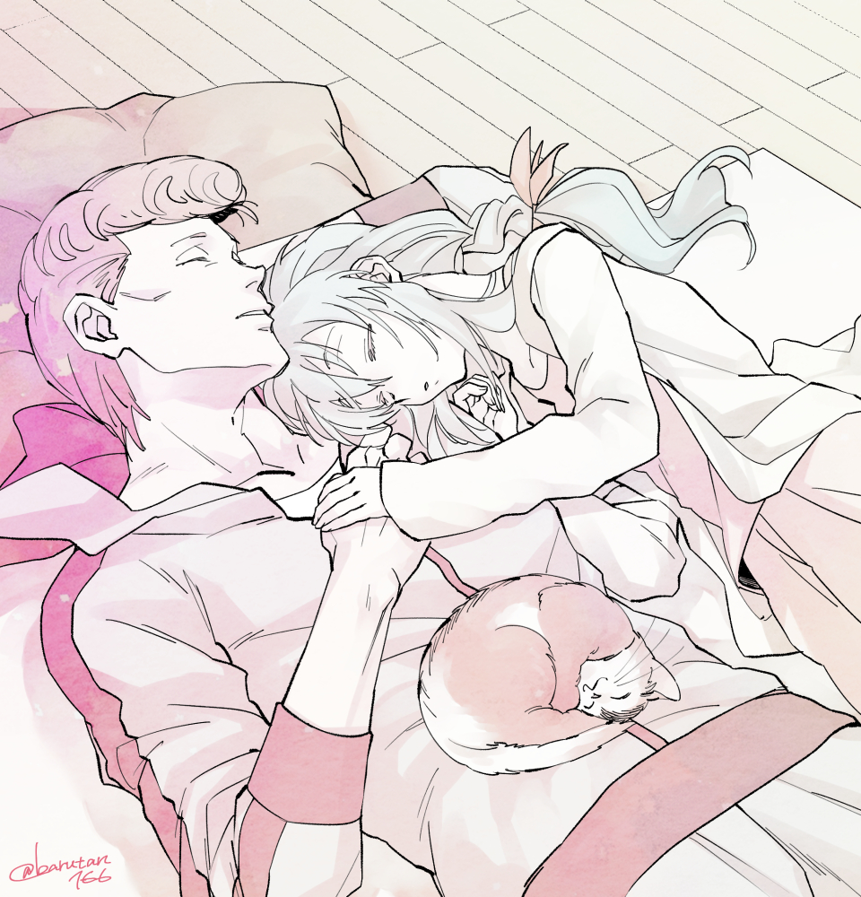 1boy, 1girl, braid, cat, closed_eyes, couple, cowboy_shot, eikichi_(yu_yu_hakusho)