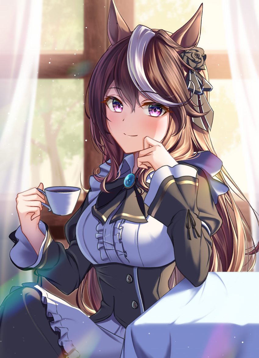 1girl, absurdres, alternate_costume, animal_ears, apron, blush, breasts, brown_hair