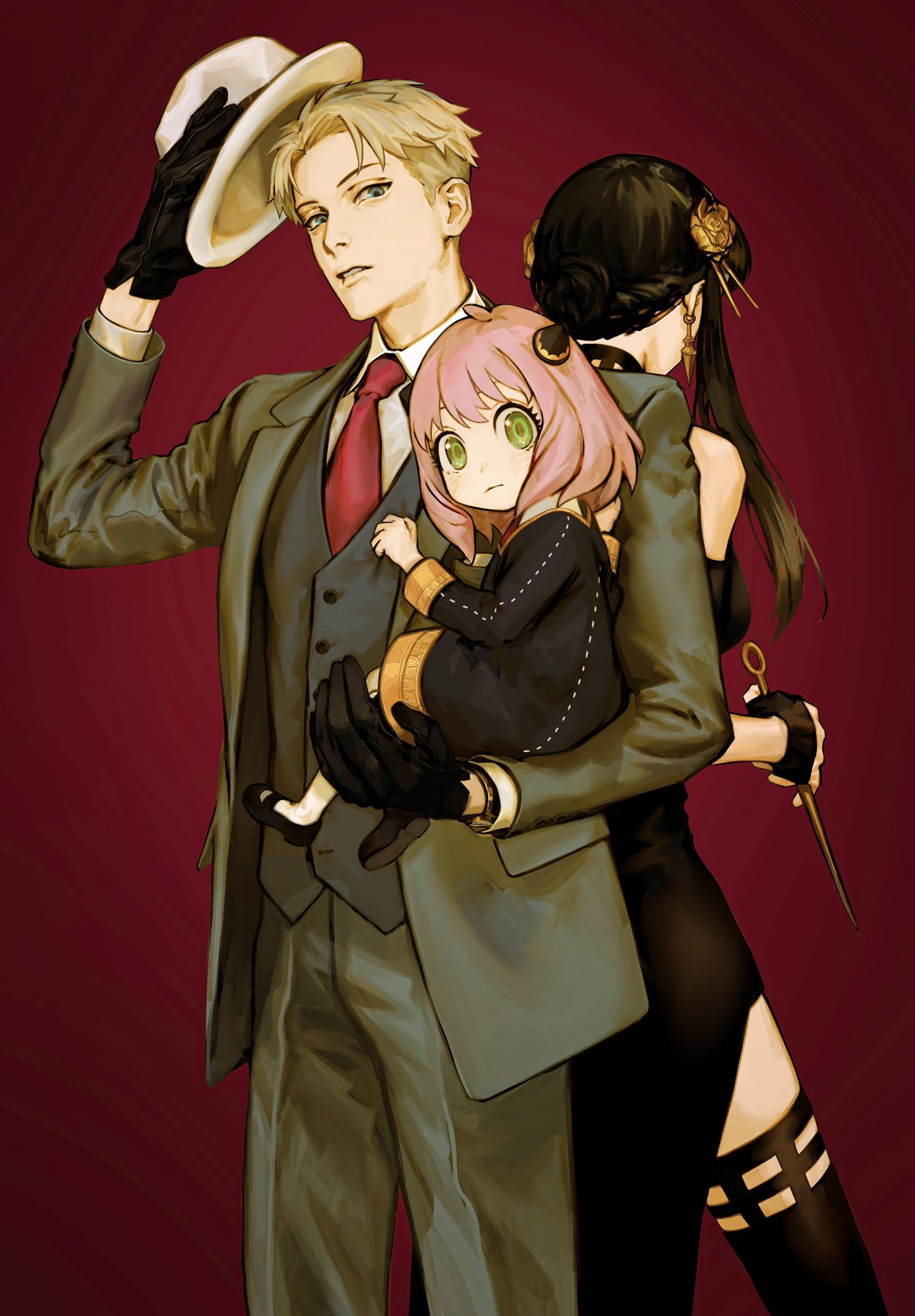 1boy, 2girls, ahoge, anya_(spy_x_family), bangs, black_dress, black_gloves, black_hair