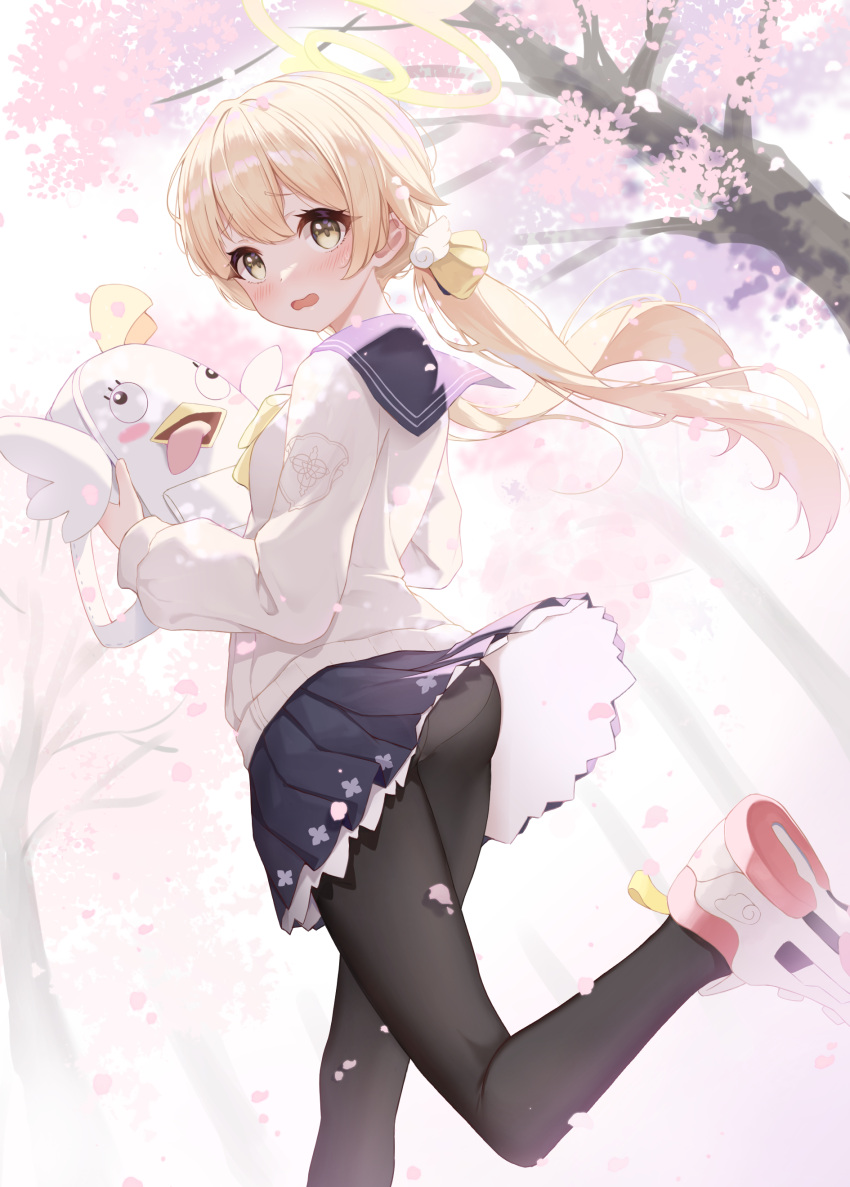 1girl, absurdres, backpack, bag, black_legwear, blonde_hair, blue_archive, blue_sailor_collar, blush, cardigan, cherry_blossoms, falling_petals, from_behind, halo, hifumi_(blue_archive), highres, holding, leg_up, long_sleeves, low_twintails, okey, open_mouth, panties, panties_under_pantyhose, pantyhose, pantyshot, peroro_(blue_archive), petals, petticoat, pink_footwear, pleated_skirt, sailor_collar, shoes, skirt, sneakers, solo, tree, twintails, underwear, upskirt, white_bag, white_footwear, wind, wind_lift, yellow_eyes