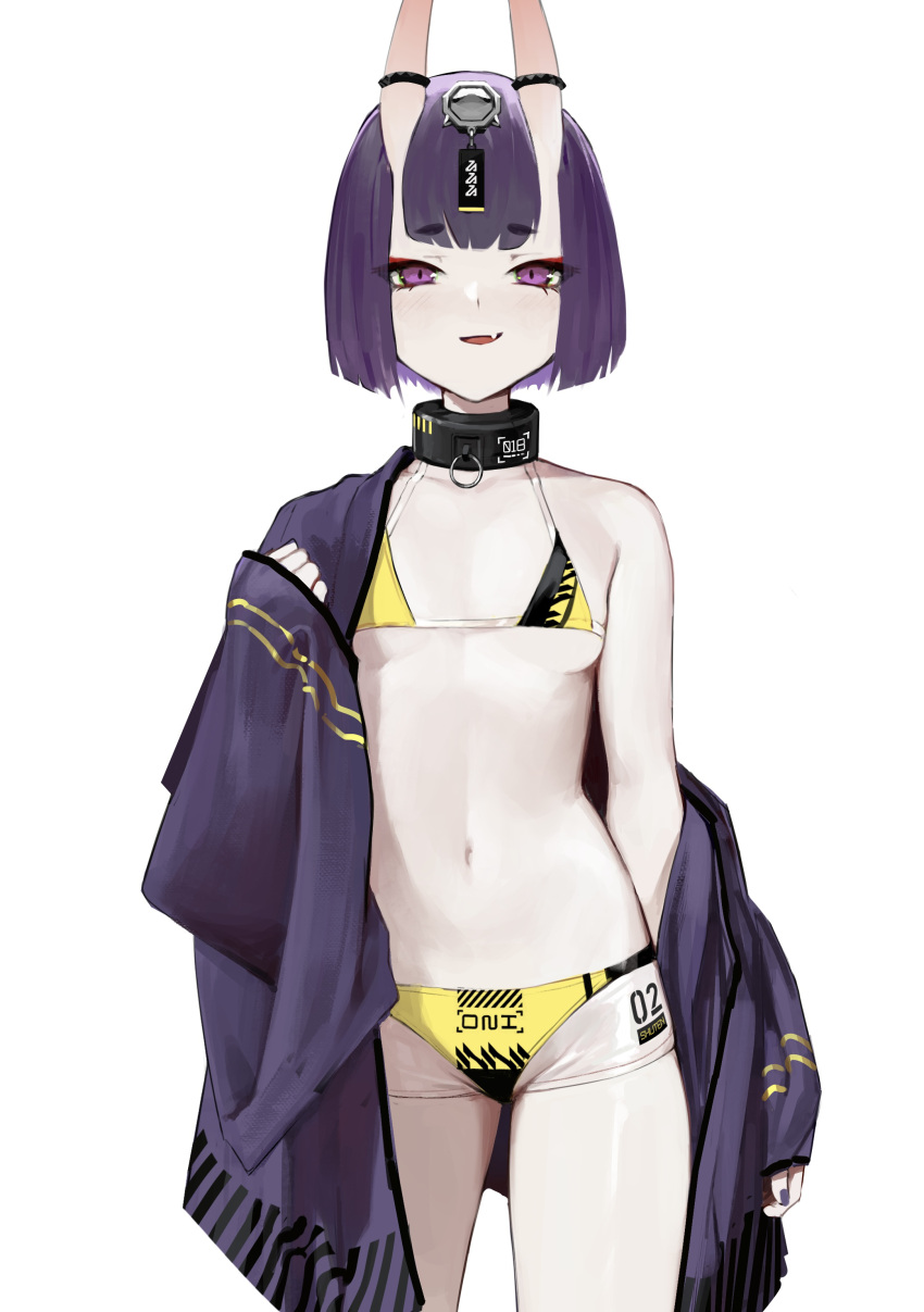 1girl, absurdres, bikini, blush, bob_cut, breasts, collar, collarbone