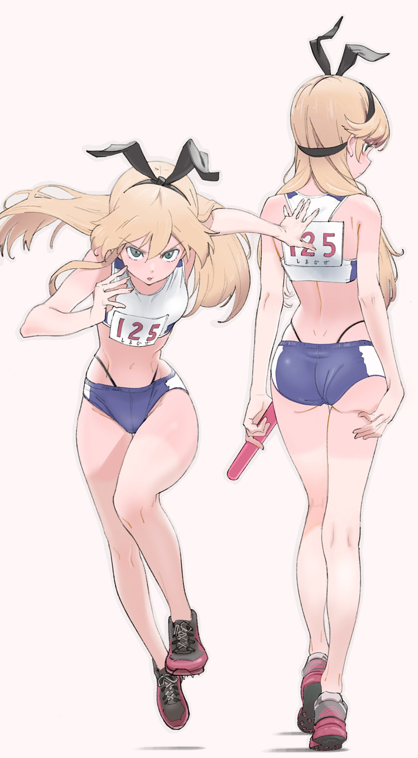 1girl, absurdres, alternate_costume, ass, baton, black_bow, black_ribbon, blonde_hair