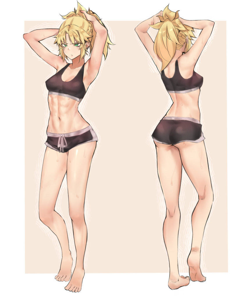 1girl, abs, absurdres, adjusting_hair, alternate_costume, angry, armpits, arms_behind_head, ass, blonde_hair, border, braid, breasts, brown_background, deccatezu, fate/grand_order, fate_(series), french_braid, frown, green_eyes, heel_up, highres, mordred_(fate), mordred_(fate)_(all), multiple_views, navel, outside_border, ponytail, short_shorts, shorts, small_breasts, solo, sports_bra, sweat, thighs, white_border