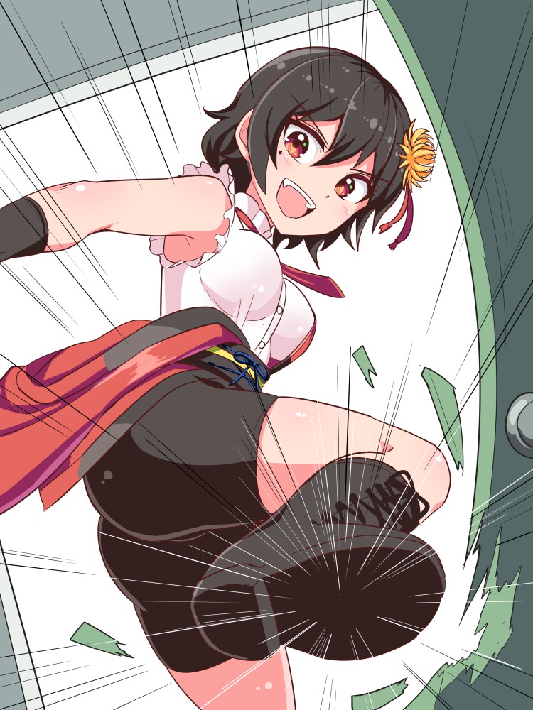 1girl, :d, action, bangs, beatus_creation, bike_shorts, black_footwear, black_hair