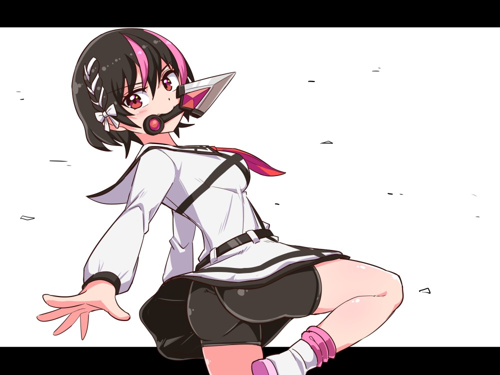 1girl, ass, bangs, beatus_creation, belt, bike_shorts, black_belt, black_hair
