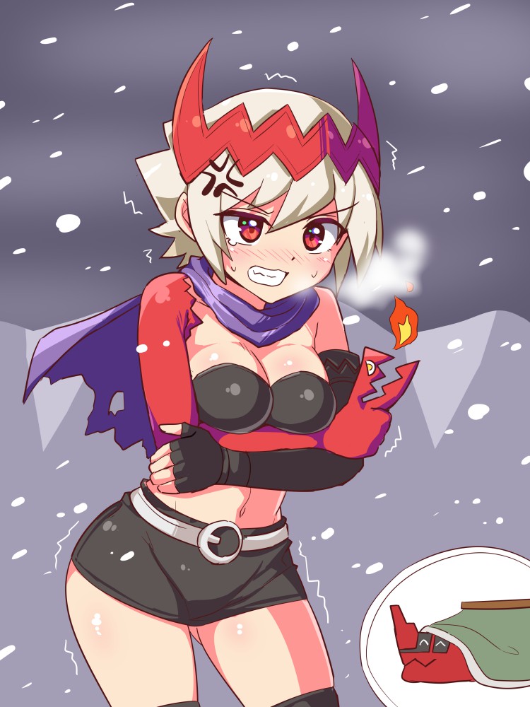 1girl, anger_vein, angry, bangs, belt, black_gloves, black_legwear, black_shirt