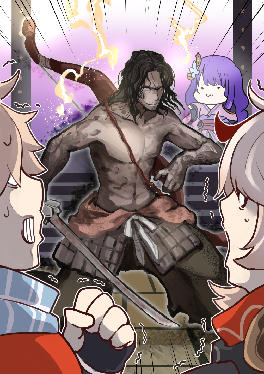 1girl, 3boys, art_shift, ashina_genichirou, bangs, black_eyes, black_hair, blunt_bangs, bow_(weapon), chibi, clenched_hand, commentary_request, crossover, eyebrows_visible_through_hair, genshin_impact, hair_ornament, highres, japanese_clothes, kaedehara_kazuha, kazuha's_friend_(genshin_impact), light_brown_hair, lightning, long_hair, long_sleeves, looking_at_another, low_ponytail, multicolored_hair, multiple_boys, obi, parted_bangs, purple_hair, raiden_shogun, sash, sekiro:_shadows_die_twice, sidelocks, streaked_hair, sweat, topless_male, trembling, vision_(genshin_impact), watoboshi, weapon, white_hair, wide_sleeves