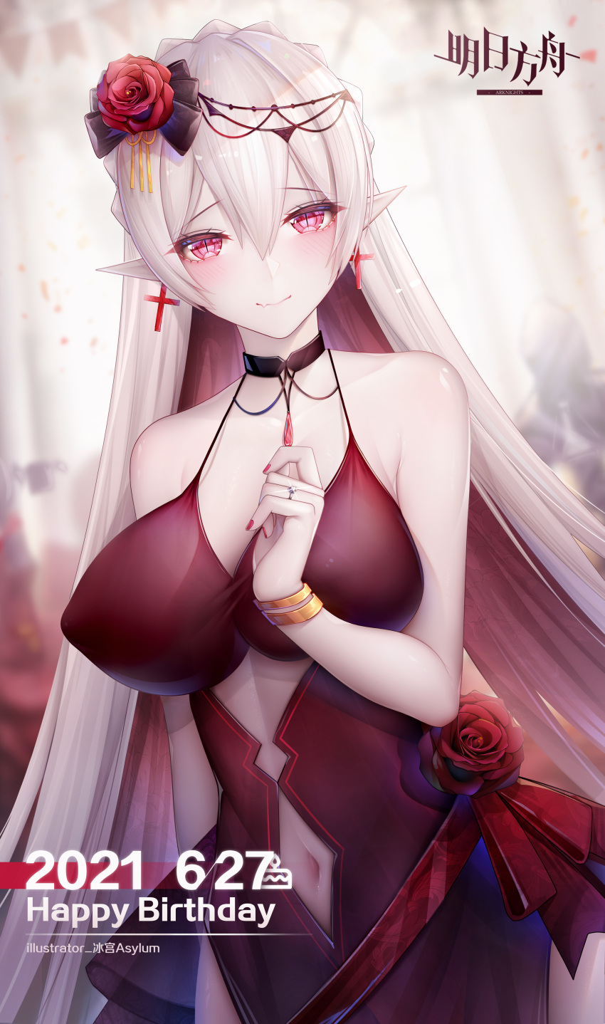 1girl, absurdres, arknights, binggong_asylum, black_bow, black_collar, blurry, blurry_background, bow, breasts, clothing_cutout, collar, colored_skin, copyright_name, covered_nipples, cross, cross_earrings, dated, depth_of_field, earrings, fang, flower, hair_between_eyes, hair_bow, hair_flower, hair_ornament, hand_up, happy_birthday, highres, jewelry, large_breasts, long_hair, looking_at_viewer, navel, navel_cutout, necklace, pointy_ears, red_eyes, red_flower, red_nails, revision, ring, skin_fang, slit_pupils, solo, spaghetti_strap, upper_body, very_long_hair, warfarin_(arknights), watermark, white_hair, white_skin
