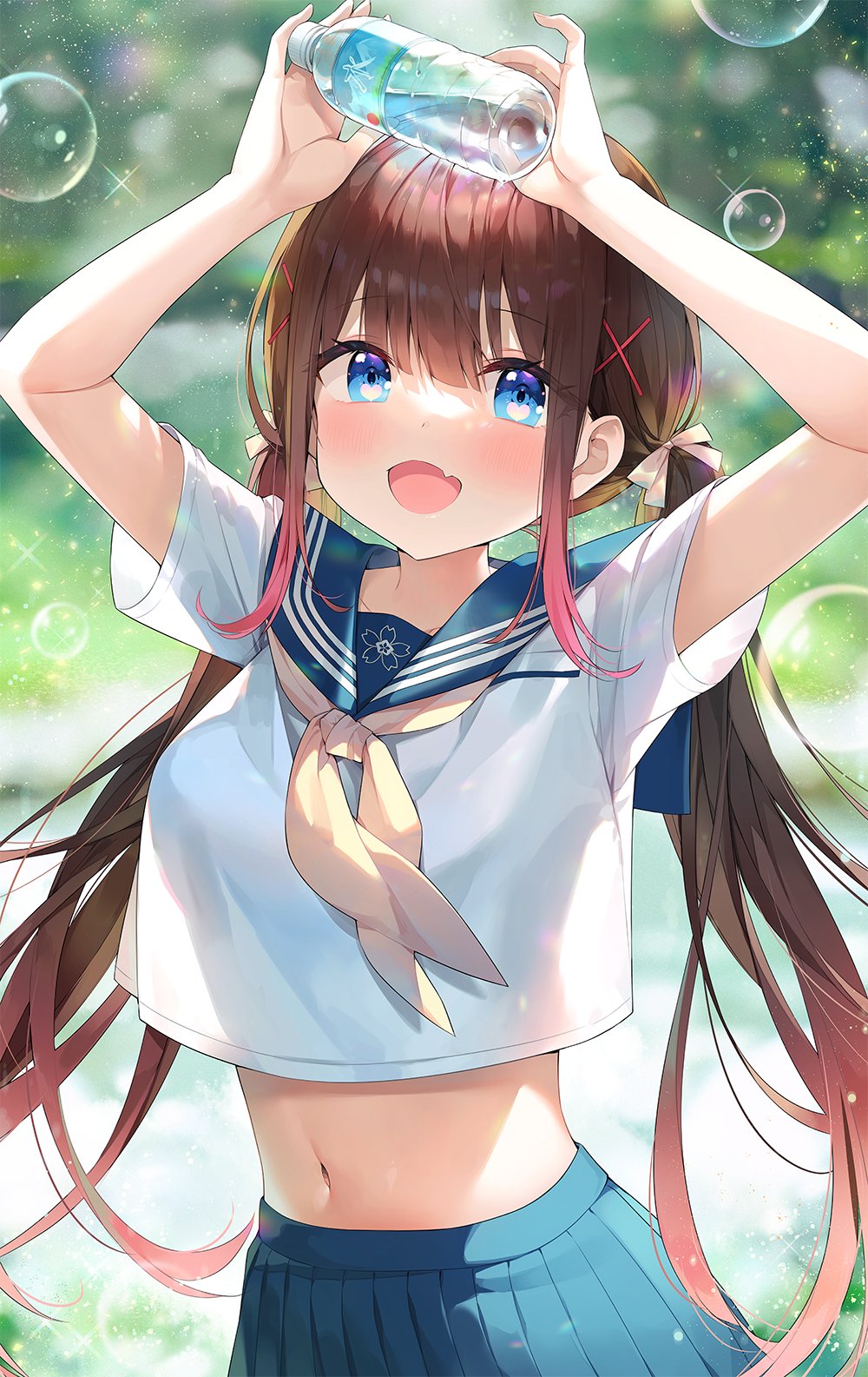 1girl, :d, arms_up, ayamy, ayamy_(vtuber), blue_eyes, blue_skirt, blurry