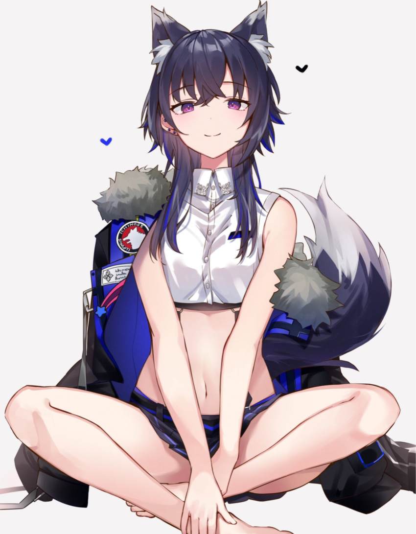 1girl, animal_ear_fluff, animal_ears, bangs, barefoot, belt, black_hair, black_jacket