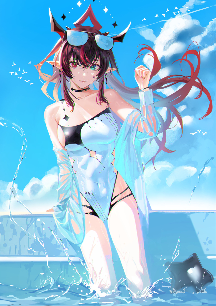 1girl, absurdres, bangs, bikini, black_hair, blue_eyes, breasts, heterochromia