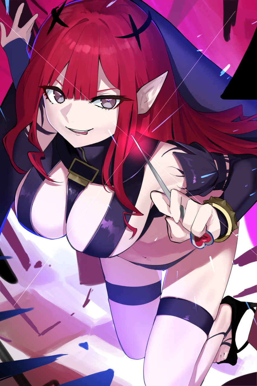 1girl, absurdres, bangs, bare_shoulders, basaru_1106, black_panties, bracelet, breasts, detached_sleeves, fairy_knight_tristan_(fate), fairy_knight_tristan_(second_ascension)_(fate), fate/grand_order, fate_(series), grey_eyes, highres, jewelry, large_breasts, long_hair, looking_at_viewer, open_mouth, panties, pink_hair, pointy_ears, revealing_clothes, sidelocks, smile, solo, spiked_bracelet, spikes, thigh_strap, thighs, tiara, underwear, veil