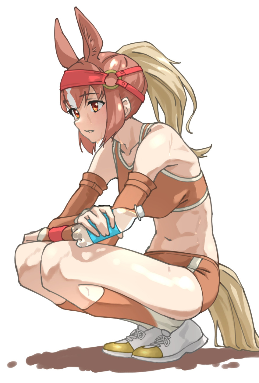 1girl, absurdres, animal_ears, bare_shoulders, blonde_hair, bottle, breasts, bridle, brown_buruma, brown_eyes, brown_hair, brown_sports_bra, buruma, chestnut_thoroughbred_(kemono_friends), commentary, detached_sleeves, extra_ears, eyebrows_visible_through_hair, full_body, highres, horizontal_pupils, horse_ears, horse_girl, horse_tail, kemono_friends, kneehighs, long_hair, looking_away, medium_breasts, midriff, multicolored_hair, navel, plastic_bottle, ponytail, simple_background, solo, sports_bra, squatting, sweat, tail, tanabe_(fueisei), two-tone_hair, water_bottle, white_background, wristband