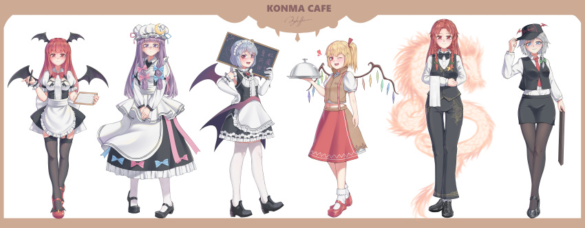 6+girls, :d, absurdres, alternate_costume, apron, ascot, bangs, bat_wings