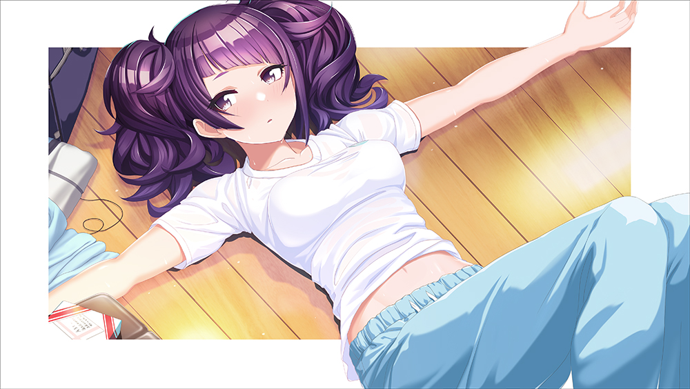 1girl, bag, bangs, blue_pants, blush, breasts, closed_mouth, commentary_request, diagonal_bangs, drawstring, feet_out_of_frame, idolmaster, idolmaster_shiny_colors, knees_up, lying, medium_breasts, midriff_peek, navel, o_(rakkasei), on_back, on_floor, outstretched_arms, pants, purple_hair, see-through, shirt, short_sleeves, solo, spread_arms, tanaka_mamimi, violet_eyes, wet, wet_clothes, wet_shirt, white_shirt, wooden_floor
