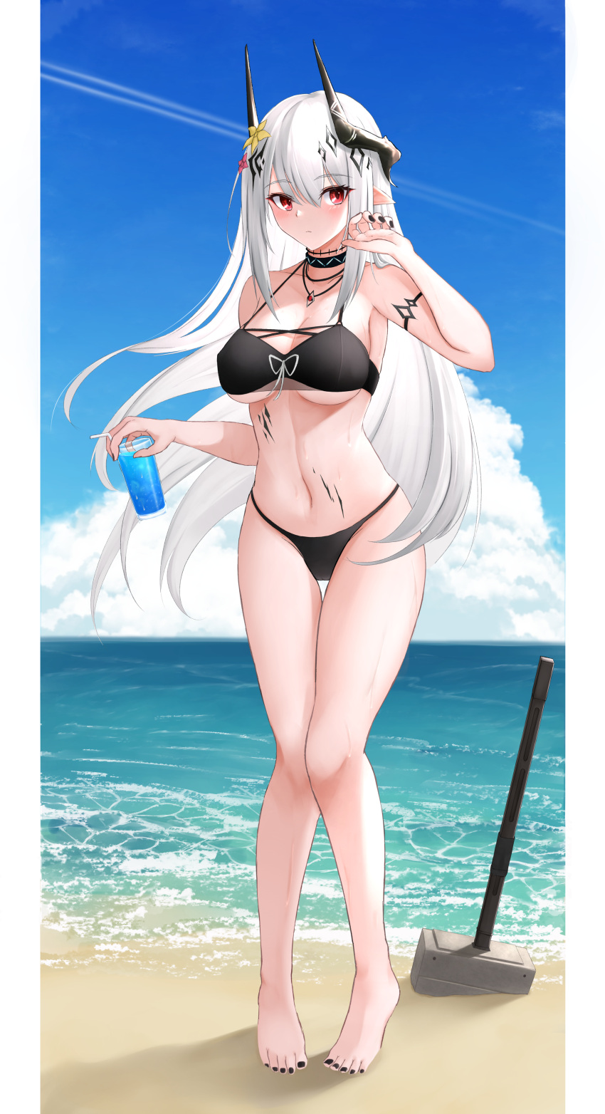 1girl, absurdres, arknights, bangs, bare_arms, bare_legs, bare_shoulders, barefoot