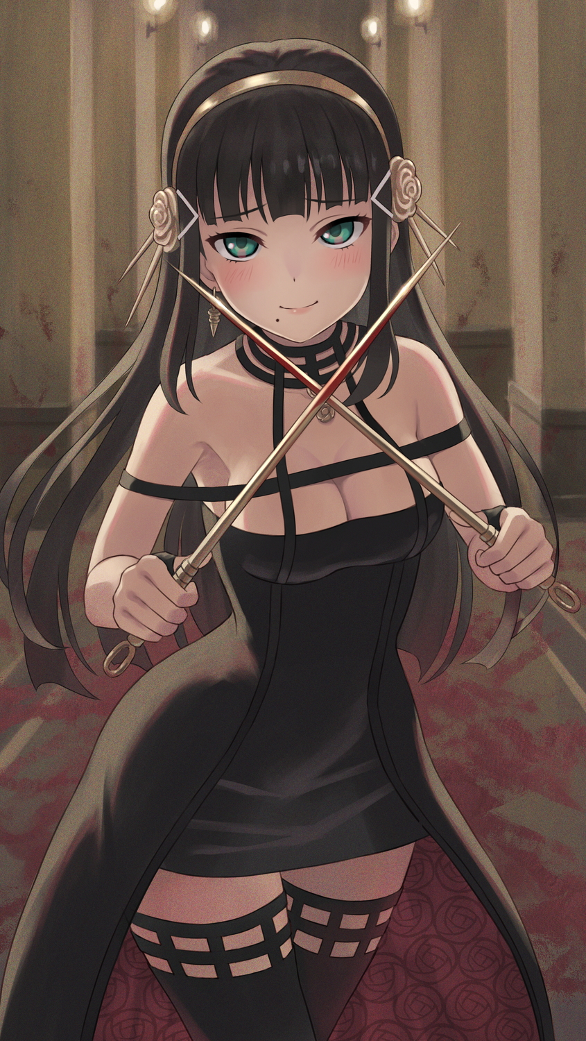 1girl, bangs, bare_shoulders, black_choker, black_dress, black_gloves, black_hair, blood