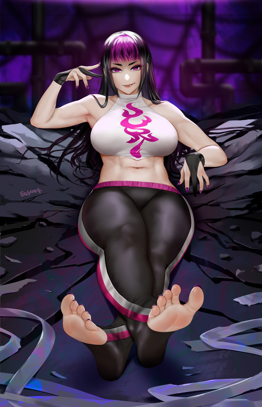 1girl, baggy_pants, bare_shoulders, biker_clothes, bikesuit, black_hair, bodysuit, bracelet