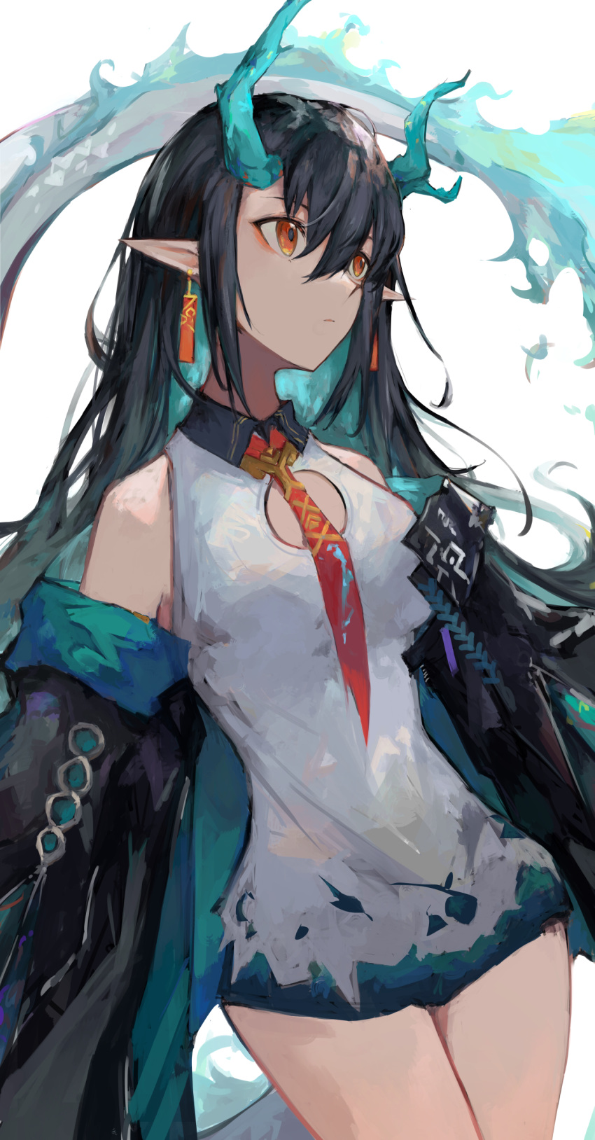 1girl, aqua_hair, arknights, bare_shoulders, black_coat, black_hair, blue_fire, breasts